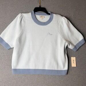 ON-34TH Womens Short Sleeve Colorblock Sweater Muse Embroidered Blue White L NEW